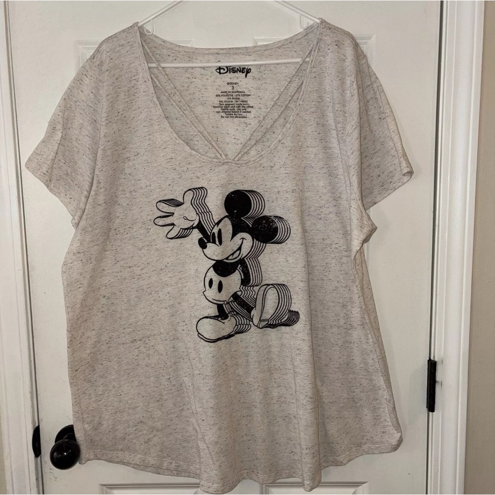 Disney Mickey Mouse Graphic V-Neck T-Shirt – Soft Beige Short Sleeve Casual Tee